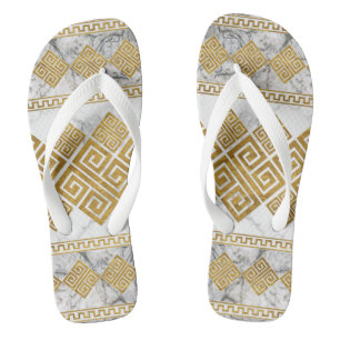 Greek Meander - Greek Key White Marble and Gold Thongs