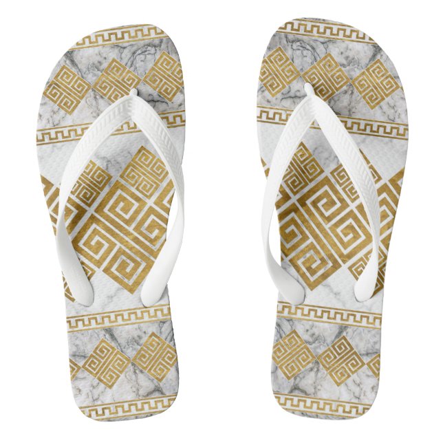 Greek Meander - Greek Key White Marble and Gold Thongs (Footbed)