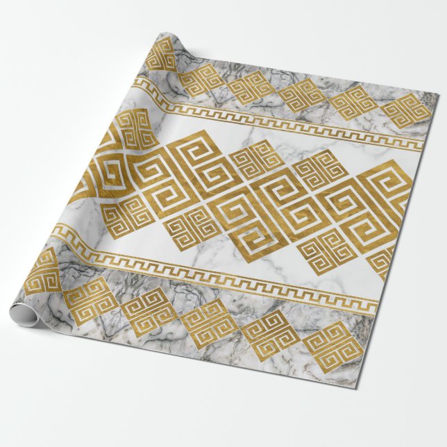 Greek Meander - Greek Key White Marble and Gold Wrapping Paper (Unrolled)