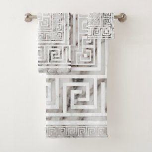 Greek Meander - Greek Key White Marble textures Bath Towel Set