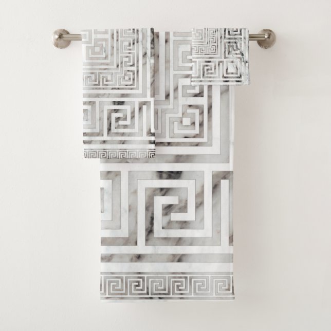 Greek Meander - Greek Key White Marble textures Bath Towel Set (Insitu)