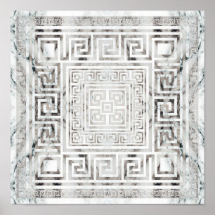 Greek Meander - Greek Key White Marble textures Poster
