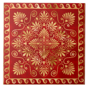 Greek Meander - Greek Ornament - Gold on Red Ceramic Tile