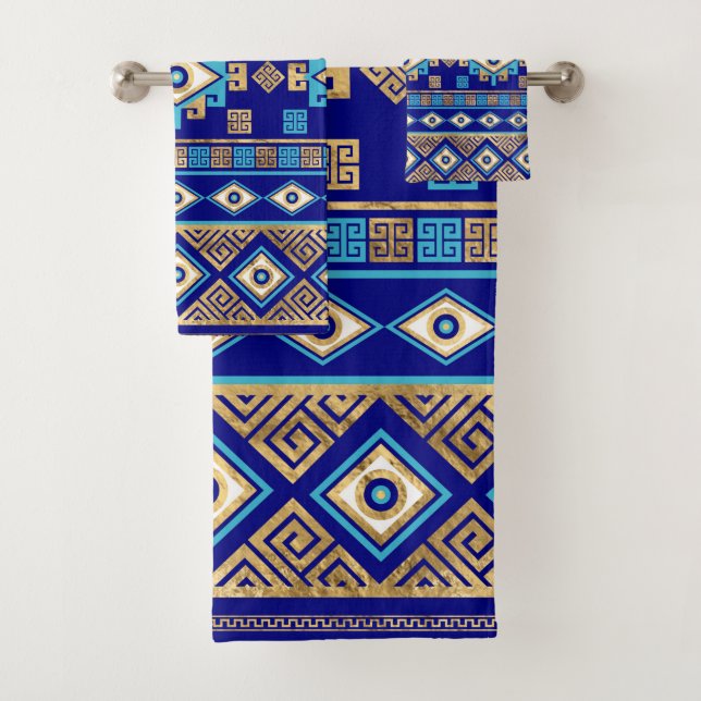 Greek Meander Key and Evil Eye Bath Towel Set (Insitu)