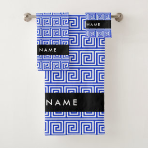 Greek Meander Key Blue, Your Name, Personalise Bath Towel Set