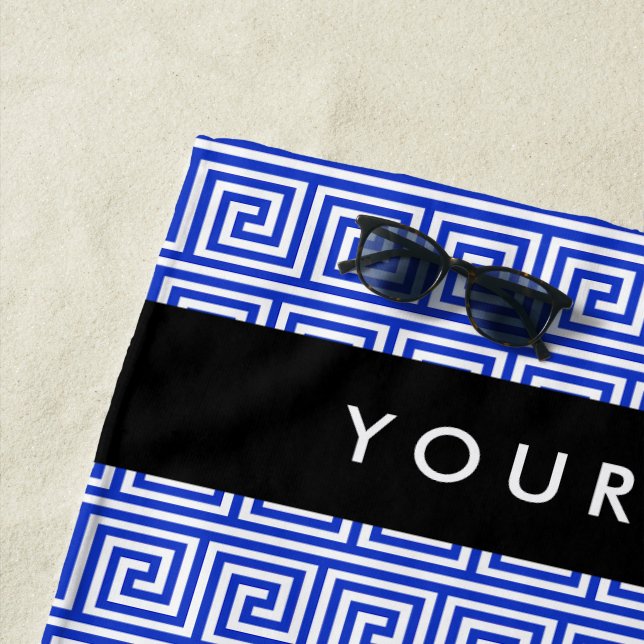Greek Meander Key Blue, Your Name, Personalise Beach Towel (In Situ)