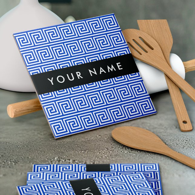 Greek Meander Key Blue, Your Name, Personalise Ceramic Tile (Creator Uploaded)