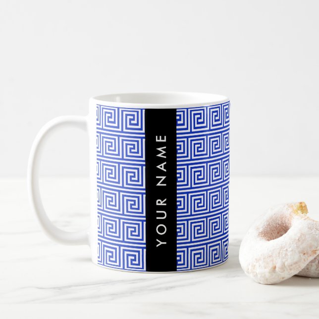 Greek Meander Key Blue, Your Name, Personalise Coffee Mug (With Donut)
