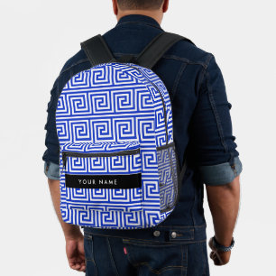 Greek Meander Key Blue, Your Name, Personalise Printed Backpack