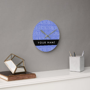 Greek Meander Key Blue, Your Name, Personalise Round Clock