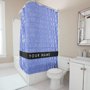Greek Meander Key Blue, Your Name, Personalise Shower Curtain