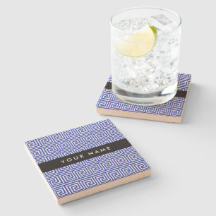 Greek Meander Key Blue, Your Name, Personalise Stone Coaster