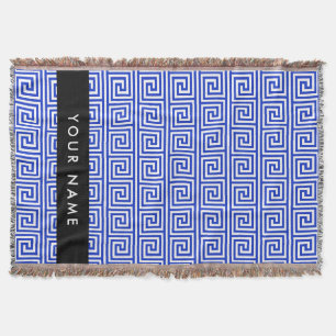 Greek Meander Key Blue, Your Name, Personalise Throw Blanket