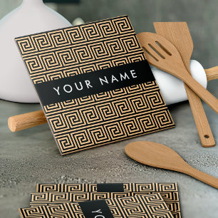 Greek Meander Key Brown, Your Name, Personalise Ceramic Tile