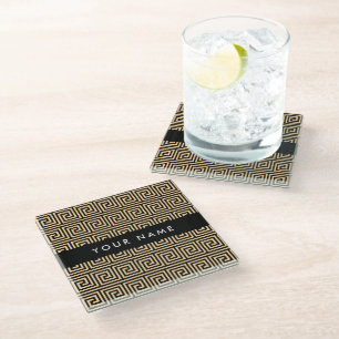 Greek Meander Key Brown, Your Name, Personalise Glass Coaster
