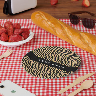 Greek Meander Key Brown, Your Name, Personalise Paper Plate