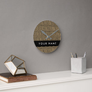Greek Meander Key Brown, Your Name, Personalise Round Clock