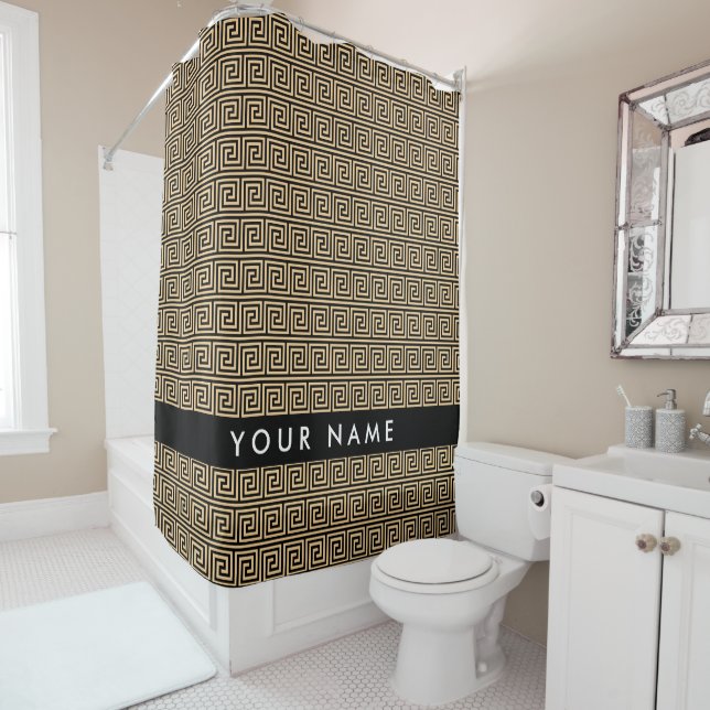 Greek Meander Key Brown, Your Name, Personalise Shower Curtain (In Situ)