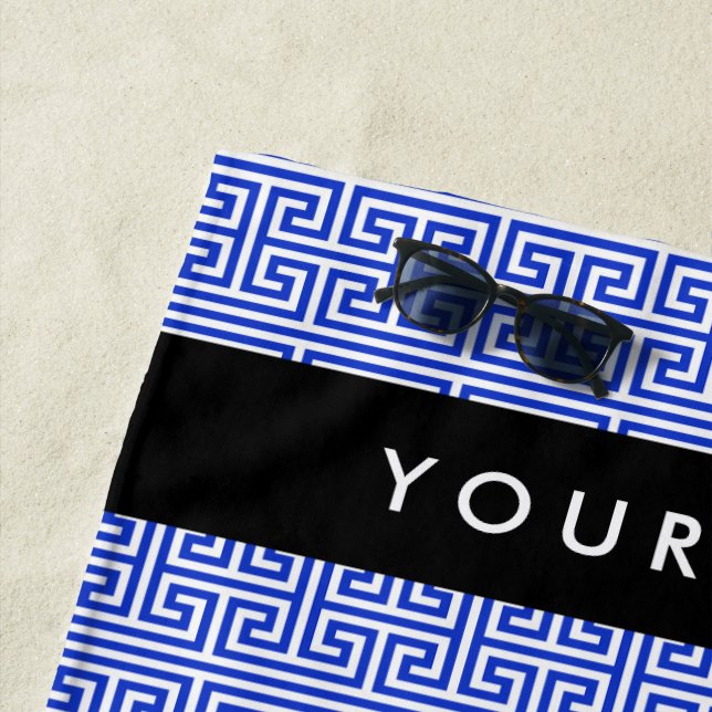 Greek Meander Key H Blue, Your Name, Personalise Beach Towel (In Situ)