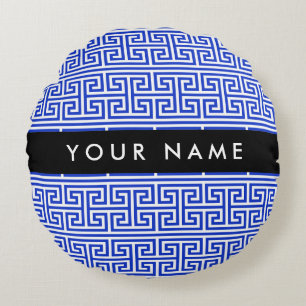 Greek Meander Key H Blue, Your Name, Personalise Round Cushion