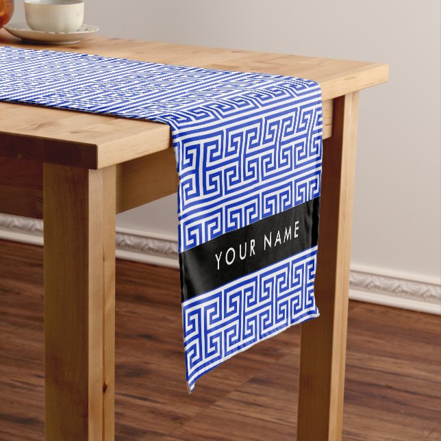 Greek Meander Key H Blue, Your Name, Personalise Short Table Runner (In Situ)