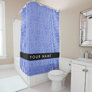 Greek Meander Key H Blue, Your Name, Personalise Shower Curtain