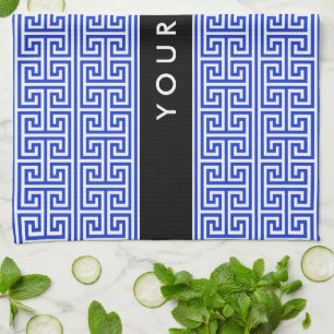 Greek Meander Key H Blue, Your Name, Personalise Tea Towel