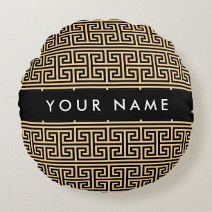 Greek Meander Key H Brown, Your Name, Personalise Round Cushion
