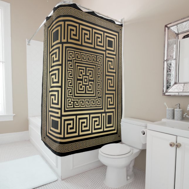 Greek Meander key ornament - black and gold Shower Curtain (In Situ)