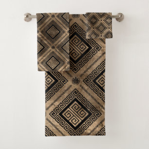 Greek Meander Key Pattern Black and gold Bath Towel Set