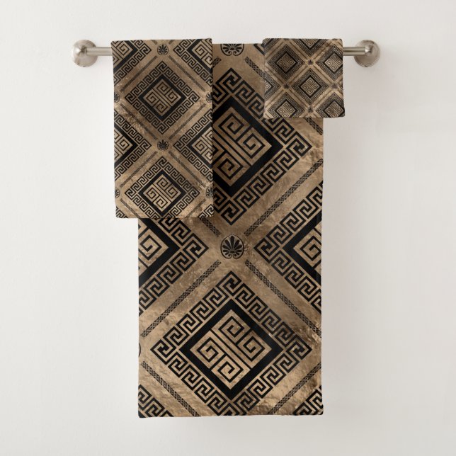 Greek Meander Key Pattern Black and gold Bath Towel Set (Insitu)