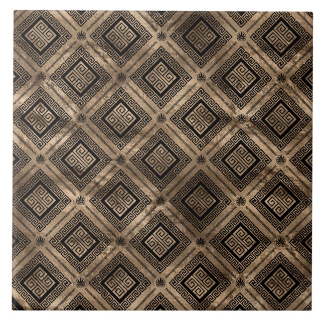 Greek Meander Key Pattern Black and gold Ceramic Tile (Front)