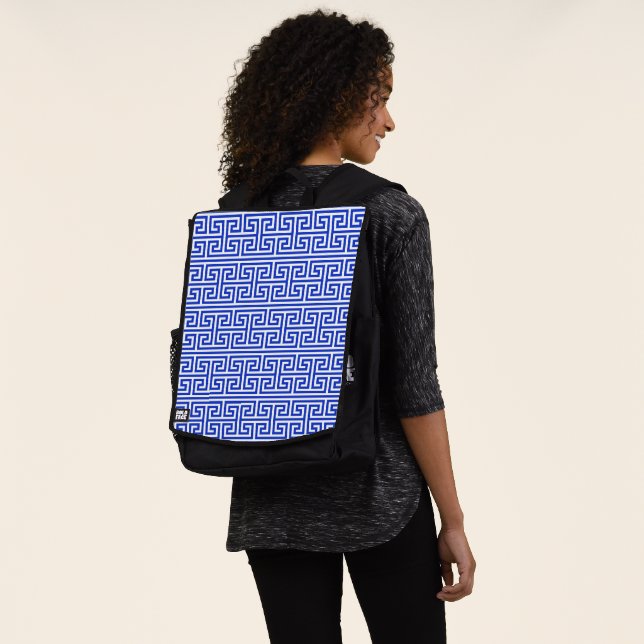 Greek Meander Key Square H Pattern Blue Backpack (Worn)