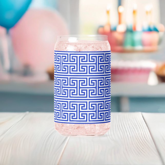 Greek Meander Key Square H Pattern Blue Can Glass (Insitu (Baby Shower))