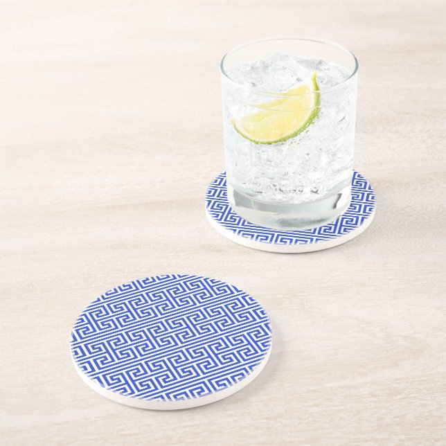 Greek Meander Key Square H Pattern Blue Coaster (Side)