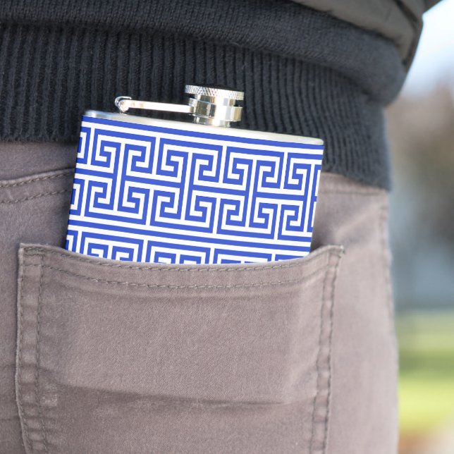 Greek Meander Key Square H Pattern Blue Hip Flask (In Situ)