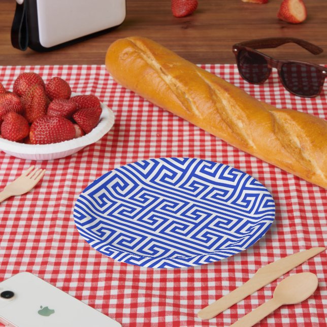 Greek Meander Key Square H Pattern Blue Paper Plate (Picnic)