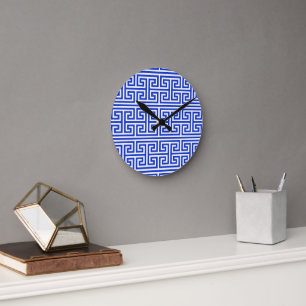 Greek Meander Key Square H Pattern Blue Round Clock