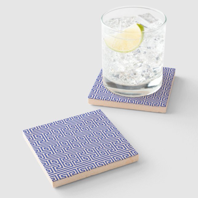 Greek Meander Key Square H Pattern Blue Stone Coaster (Side)
