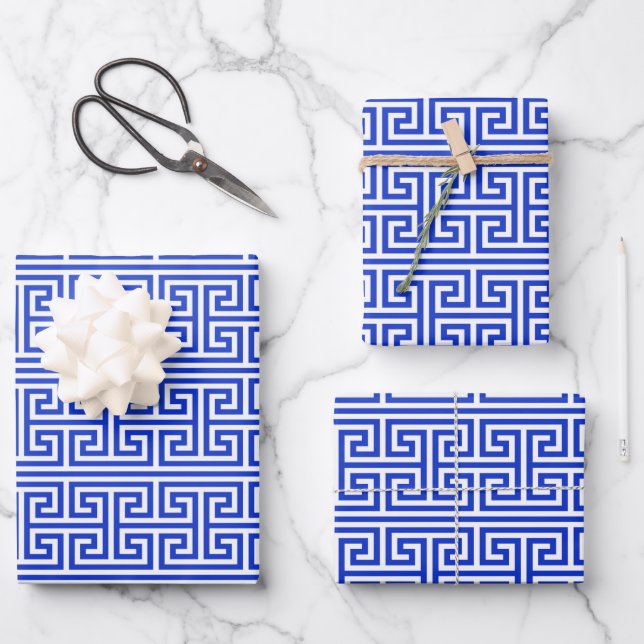 Greek Meander Key Square H Pattern Blue Wrapping Paper Sheet (Front)