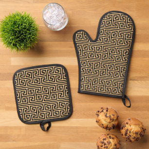 Greek Meander Key Square H Pattern Brown Oven Mitt & Pot Holder Set