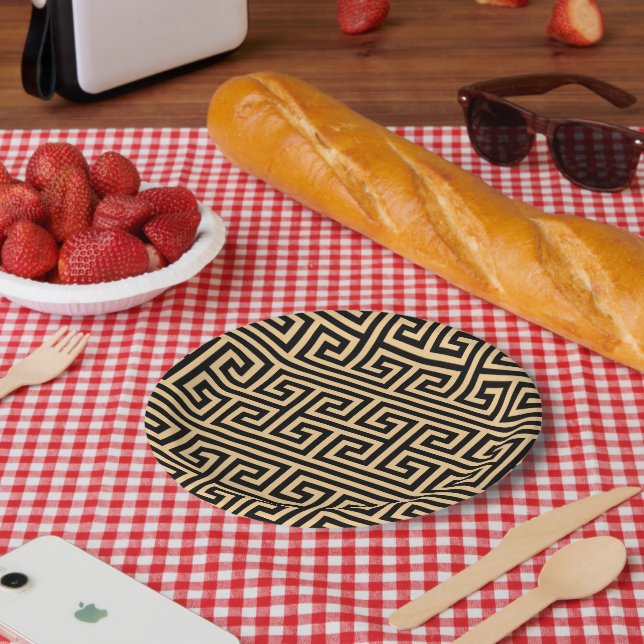 Greek Meander Key Square H Pattern Brown Paper Plate (Picnic)