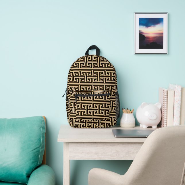 Greek Meander Key Square H Pattern Brown Printed Backpack (Insitu)