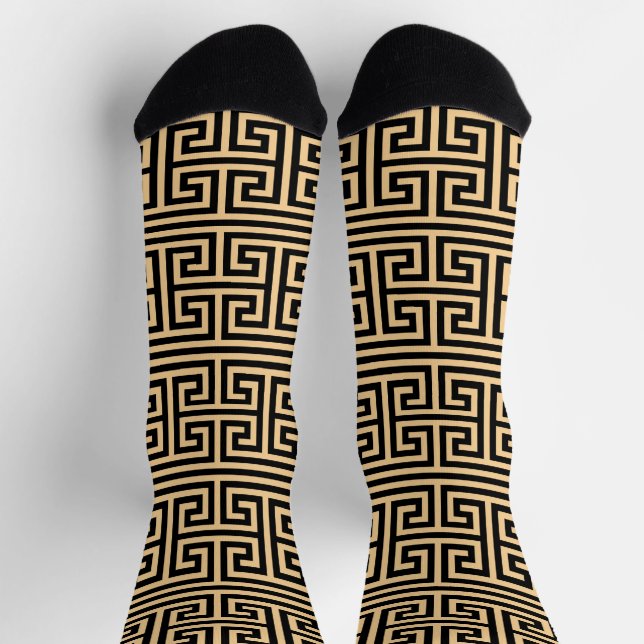 Greek Meander Key Square H Pattern Brown Socks (Top)