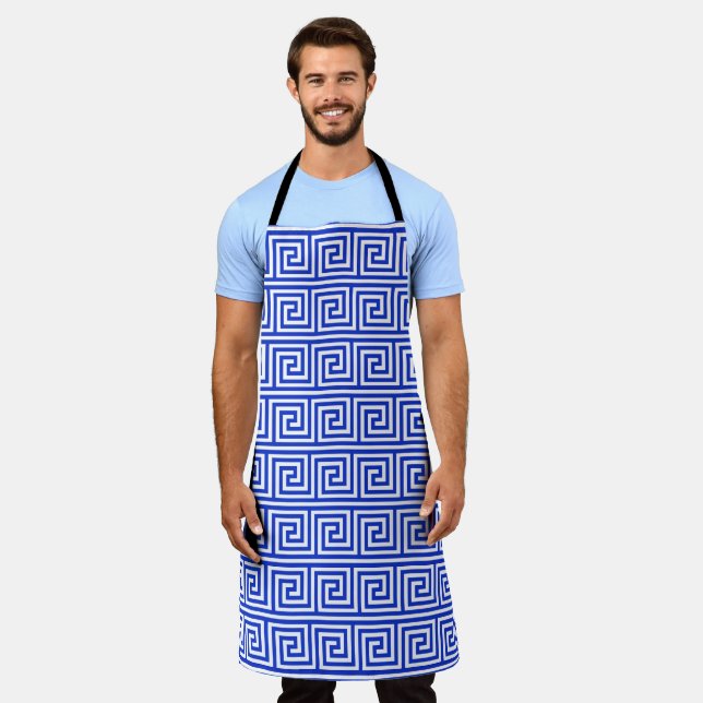 Greek Meander Key Squares Pattern Blue Apron (Worn)