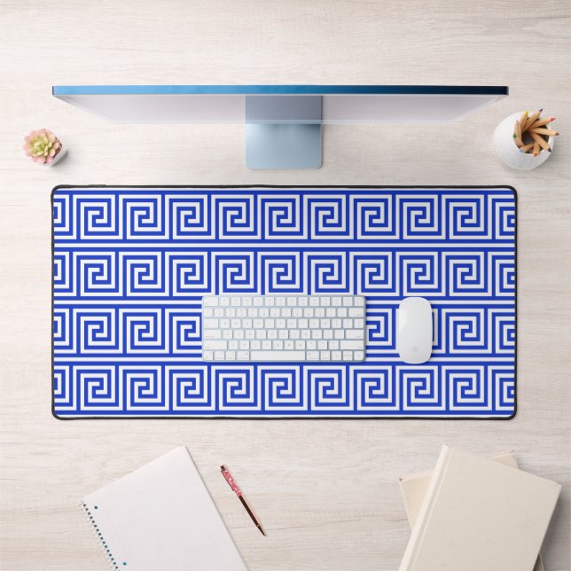 Greek Meander Key Squares Pattern Blue Desk Mat (Office 1)