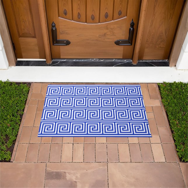 Greek Meander Key Squares Pattern Blue Doormat (Outdoor)