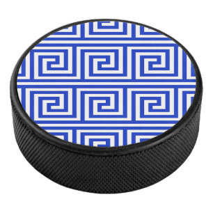 Greek Meander Key Squares Pattern Blue Hockey Puck