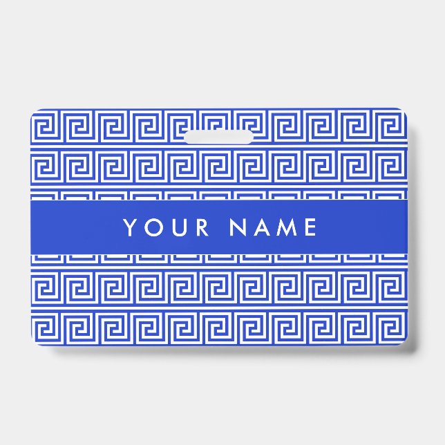 Greek Meander Key Squares Pattern Blue ID Badge (Front)