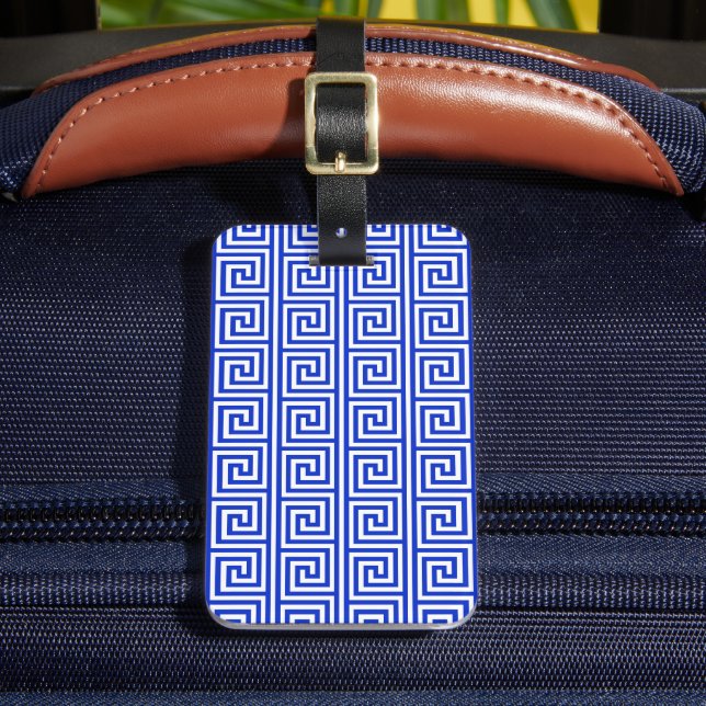 Greek Meander Key Squares Pattern Blue Luggage Tag (Front Insitu 2)